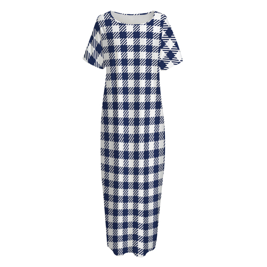 Navy And White Gingham Pattern Print Short Sleeve Long Nightdress