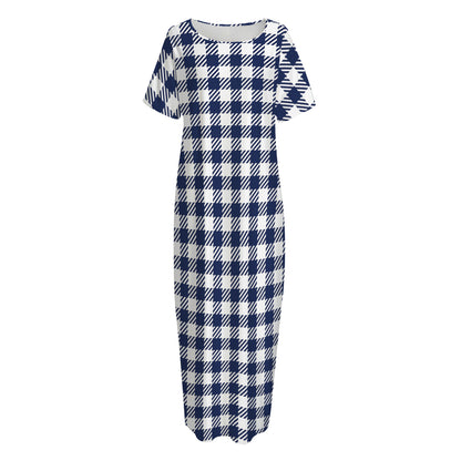 Navy And White Gingham Pattern Print Short Sleeve Long Nightdress