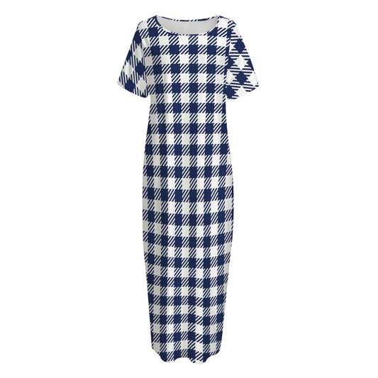 Navy And White Gingham Pattern Print Short Sleeve Long Nightdress