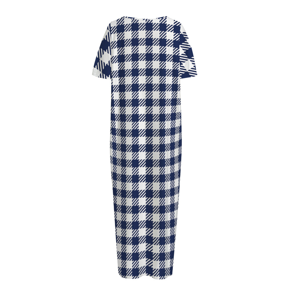 Navy And White Gingham Pattern Print Short Sleeve Long Nightdress