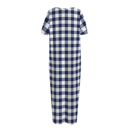 Navy And White Gingham Pattern Print Short Sleeve Long Nightdress