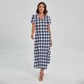 Navy And White Gingham Pattern Print Short Sleeve Maxi Dress