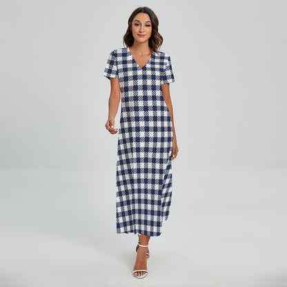 Navy And White Gingham Pattern Print Short Sleeve Maxi Dress