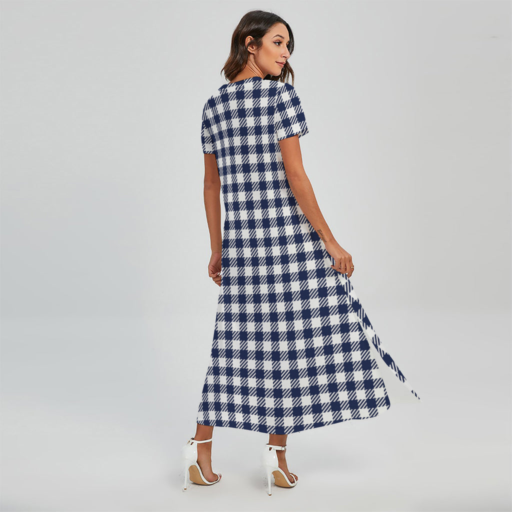 Navy And White Gingham Pattern Print Short Sleeve Maxi Dress