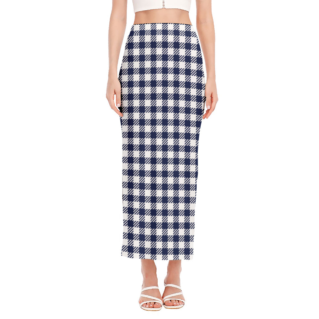 Navy And White Gingham Pattern Print Side Slit Maxi Skirt