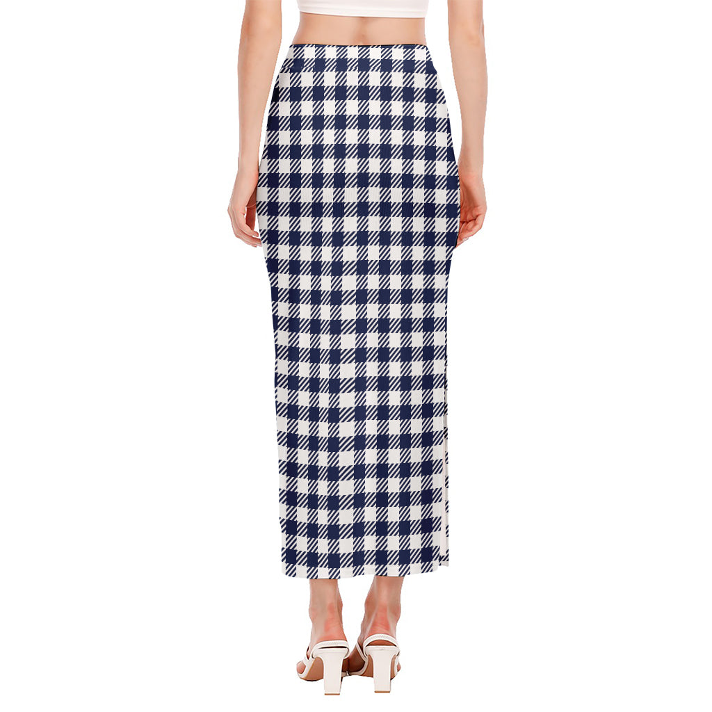 Navy And White Gingham Pattern Print Side Slit Maxi Skirt
