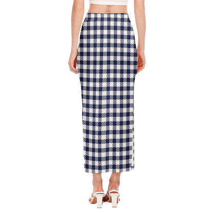 Navy And White Gingham Pattern Print Side Slit Maxi Skirt
