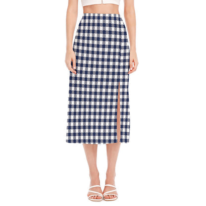 Navy And White Gingham Pattern Print Side Slit Midi Skirt