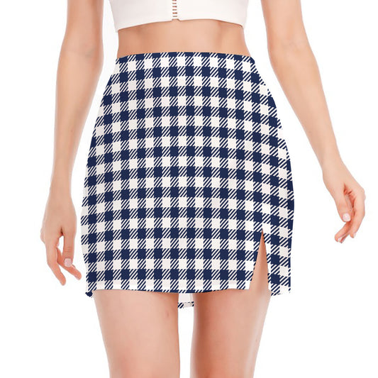 Navy And White Gingham Pattern Print Side Slit Mini Skirt