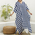 Navy And White Gingham Pattern Print Silk V-Neck Kaftan Dress