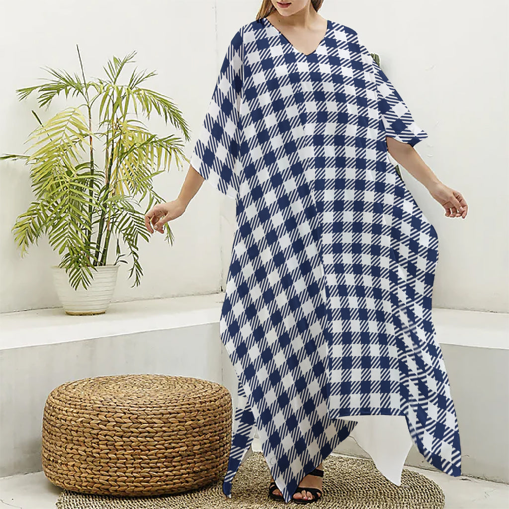 Navy And White Gingham Pattern Print Silk V-Neck Kaftan Dress