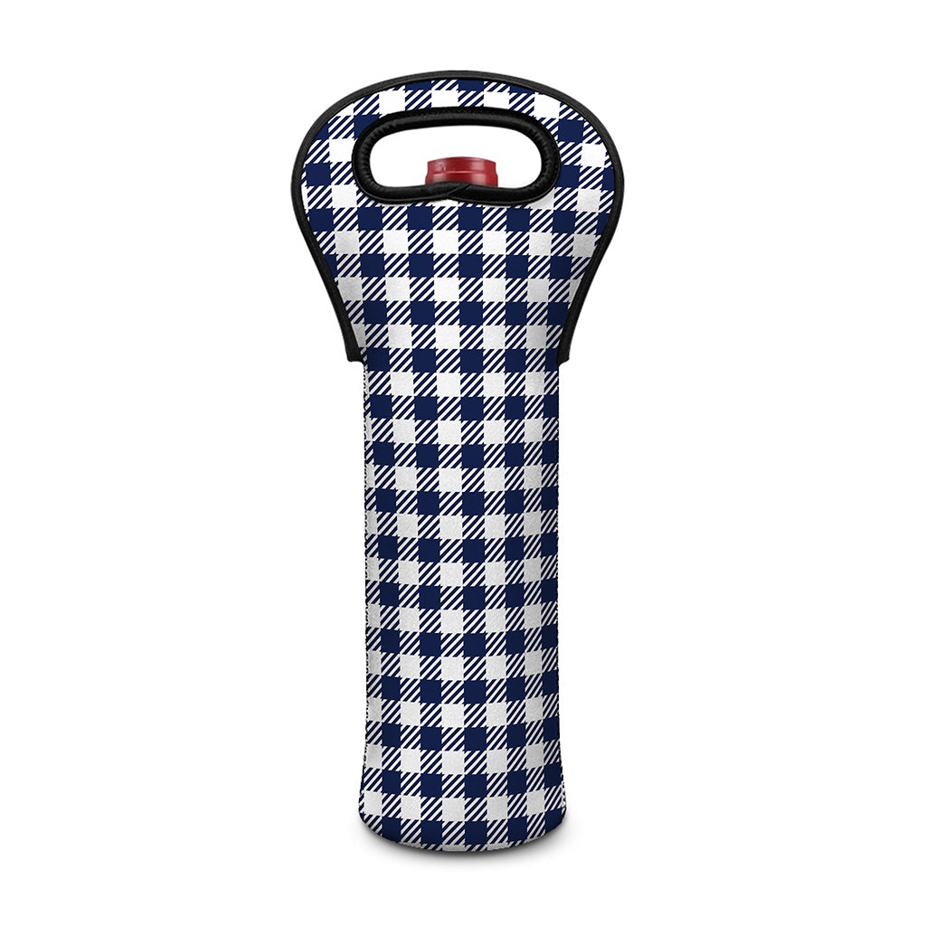 Navy And White Gingham Pattern Print Single Neoprene Wine Tote
