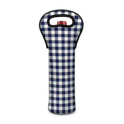 Navy And White Gingham Pattern Print Single Neoprene Wine Tote