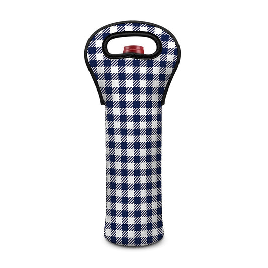 Navy And White Gingham Pattern Print Single Neoprene Wine Tote