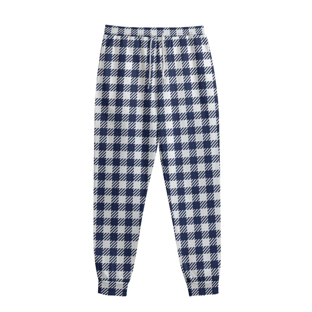 Navy And White Gingham Pattern Print Sweatpants