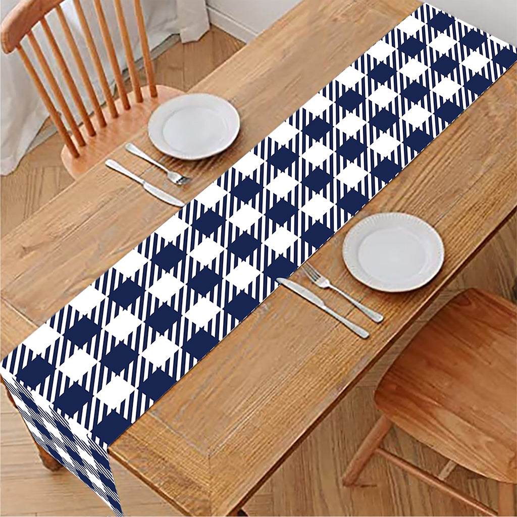 Navy And White Gingham Pattern Print Table Runner