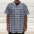 Navy And White Gingham Pattern Print Textured Short Sleeve Shirt