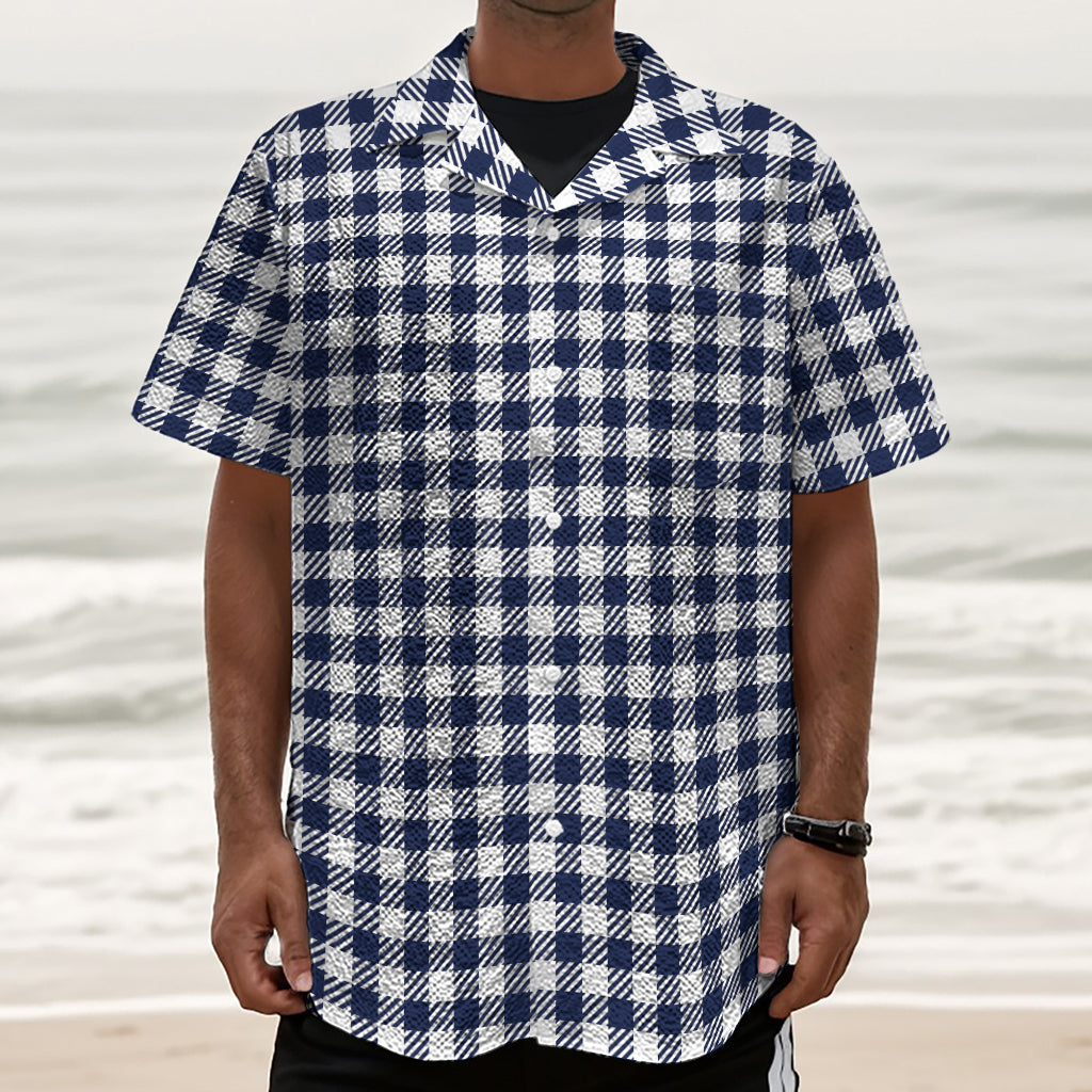 Navy And White Gingham Pattern Print Textured Short Sleeve Shirt