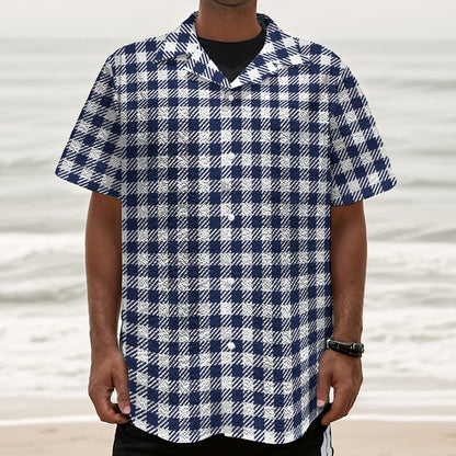 Navy And White Gingham Pattern Print Textured Short Sleeve Shirt