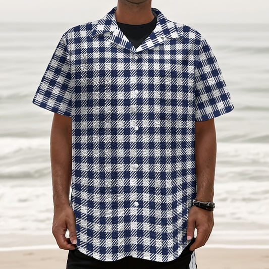 Navy And White Gingham Pattern Print Textured Short Sleeve Shirt