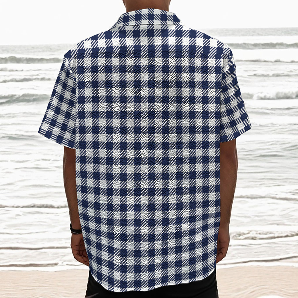 Navy And White Gingham Pattern Print Textured Short Sleeve Shirt