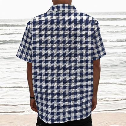 Navy And White Gingham Pattern Print Textured Short Sleeve Shirt