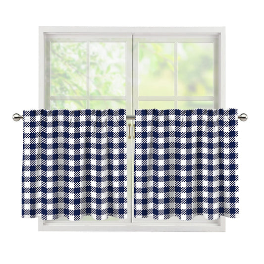 Navy And White Gingham Pattern Print Tier Curtains