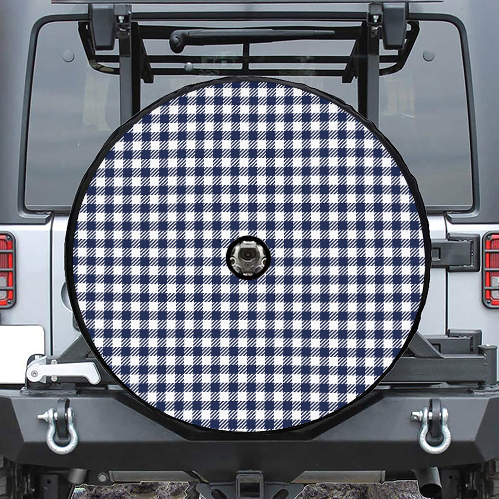 Navy And White Gingham Pattern Print Tire Cover With Camera Hole