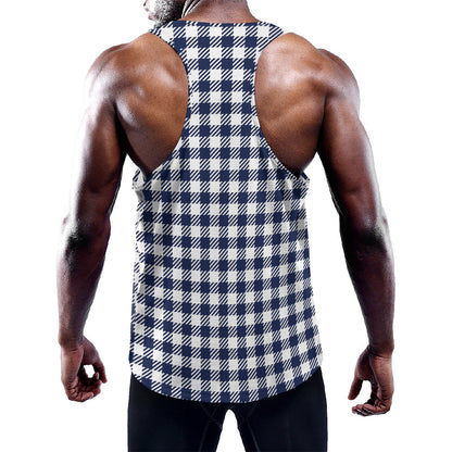 Navy And White Gingham Pattern Print Training Tank Top