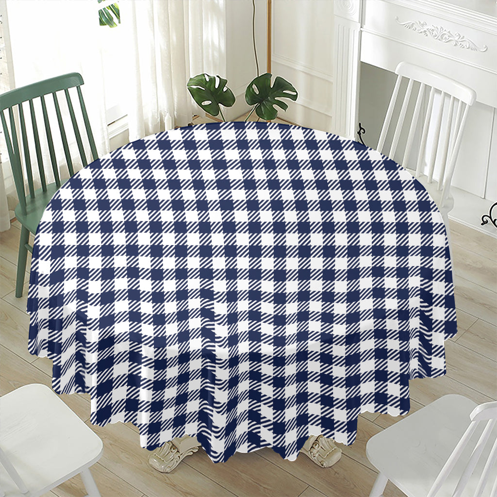 Navy And White Gingham Pattern Print Waterproof Round Tablecloth
