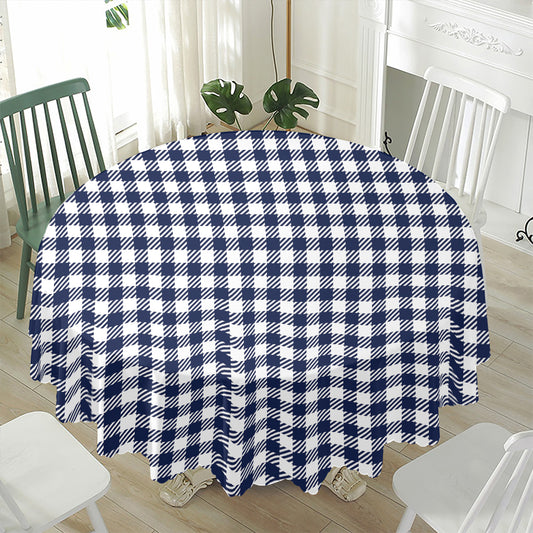 Navy And White Gingham Pattern Print Waterproof Round Tablecloth