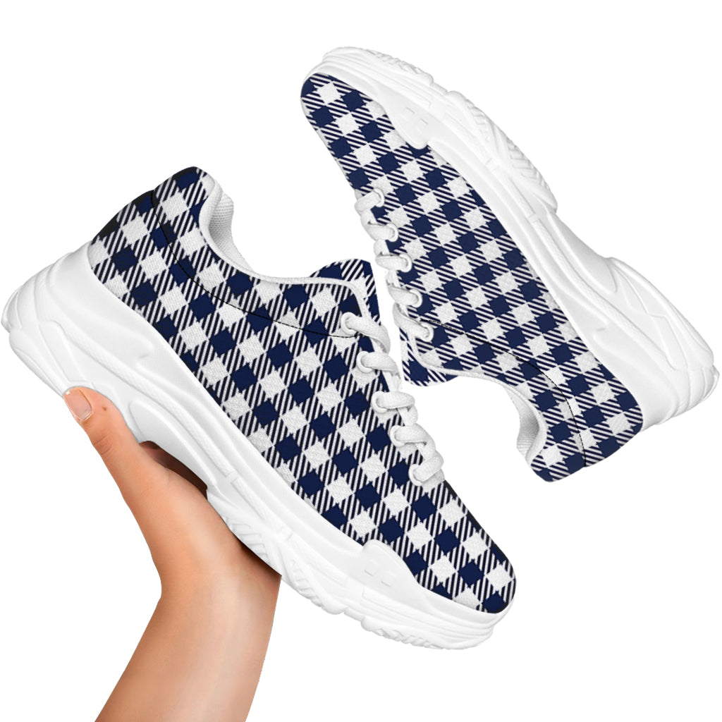 Navy And White Gingham Pattern Print White Chunky Shoes