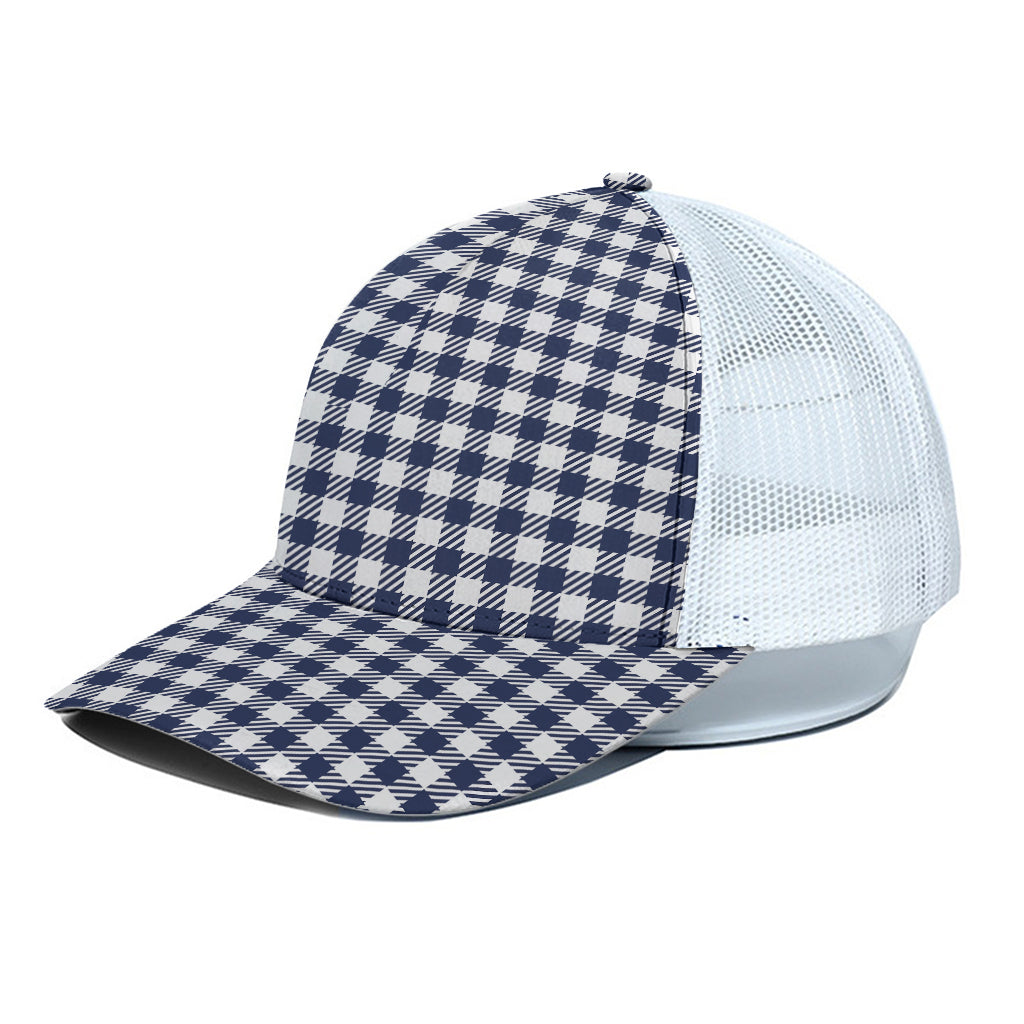 Navy And White Gingham Pattern Print White Mesh Trucker Cap