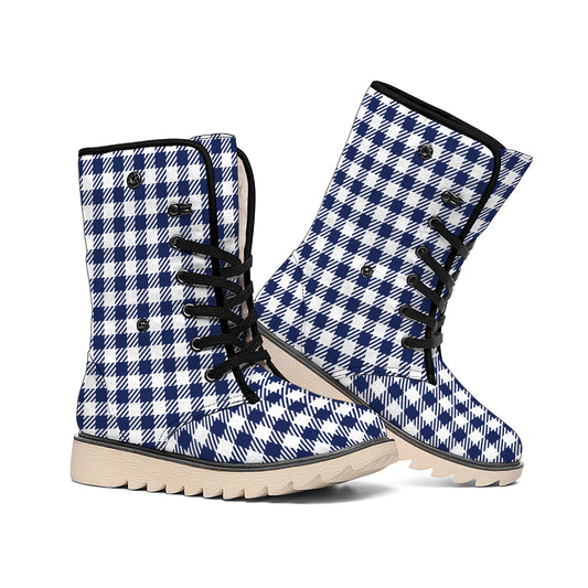 Navy And White Gingham Pattern Print Winter Boots