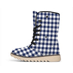Navy And White Gingham Pattern Print Winter Boots
