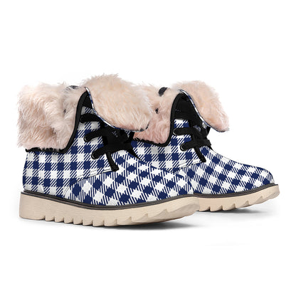 Navy And White Gingham Pattern Print Winter Boots