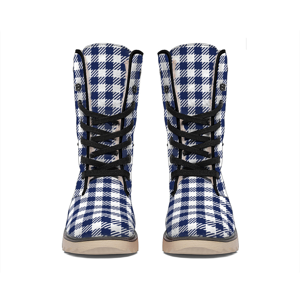 Navy And White Gingham Pattern Print Winter Boots