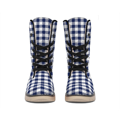 Navy And White Gingham Pattern Print Winter Boots