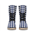 Navy And White Gingham Pattern Print Winter Boots