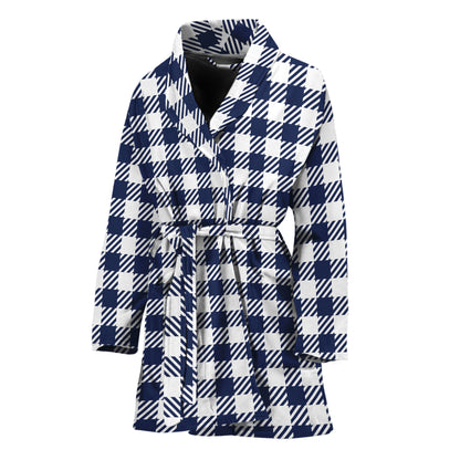 Navy And White Gingham Pattern Print Women's Bathrobe