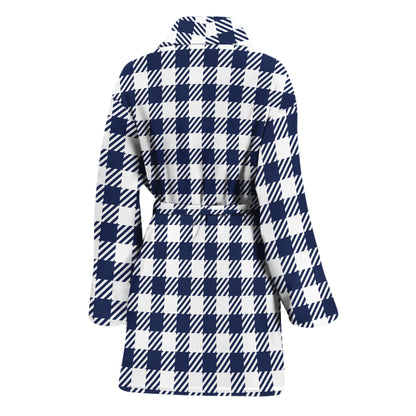 Navy And White Gingham Pattern Print Women's Bathrobe