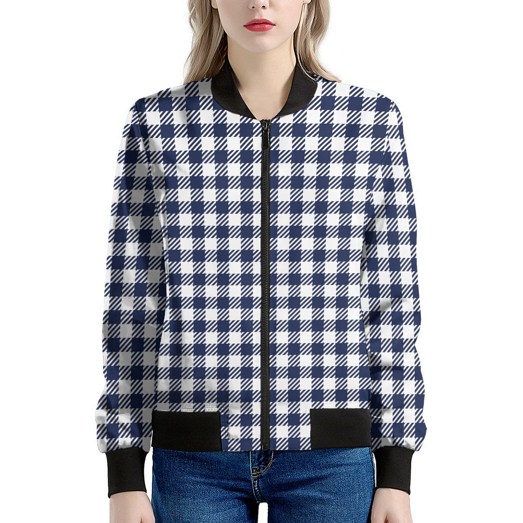 Navy And White Gingham Pattern Print Women's Bomber Jacket