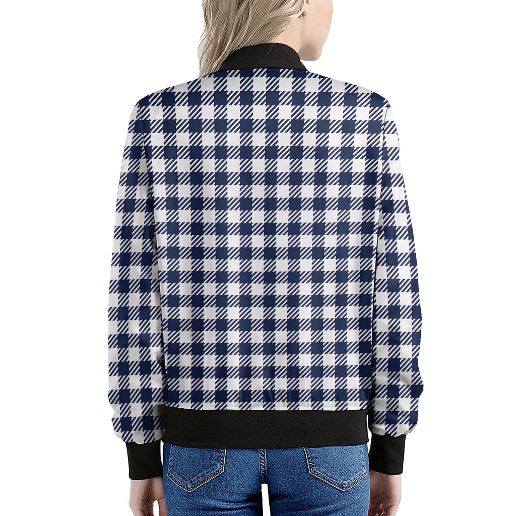Navy And White Gingham Pattern Print Women's Bomber Jacket