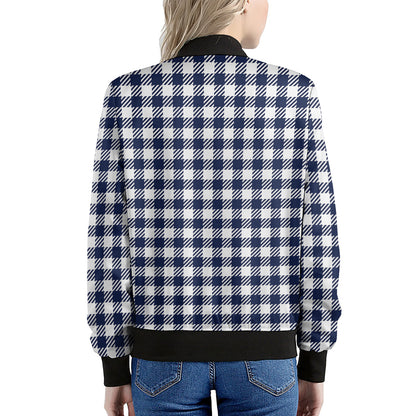 Navy And White Gingham Pattern Print Women's Bomber Jacket