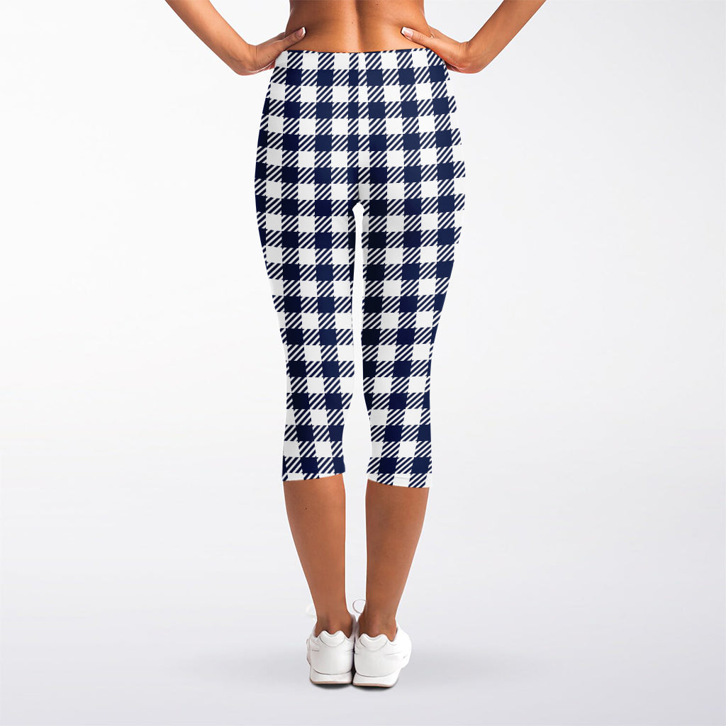 Navy And White Gingham Pattern Print Women's Capri Leggings