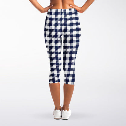Navy And White Gingham Pattern Print Women's Capri Leggings