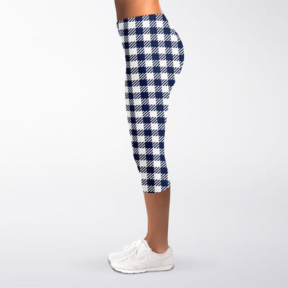 Navy And White Gingham Pattern Print Women's Capri Leggings