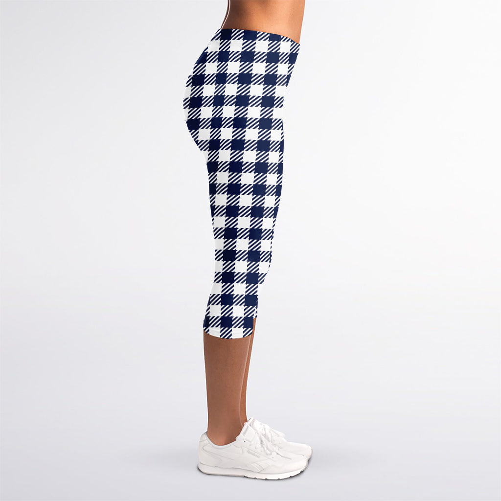 Navy And White Gingham Pattern Print Women's Capri Leggings