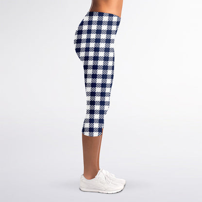 Navy And White Gingham Pattern Print Women's Capri Leggings