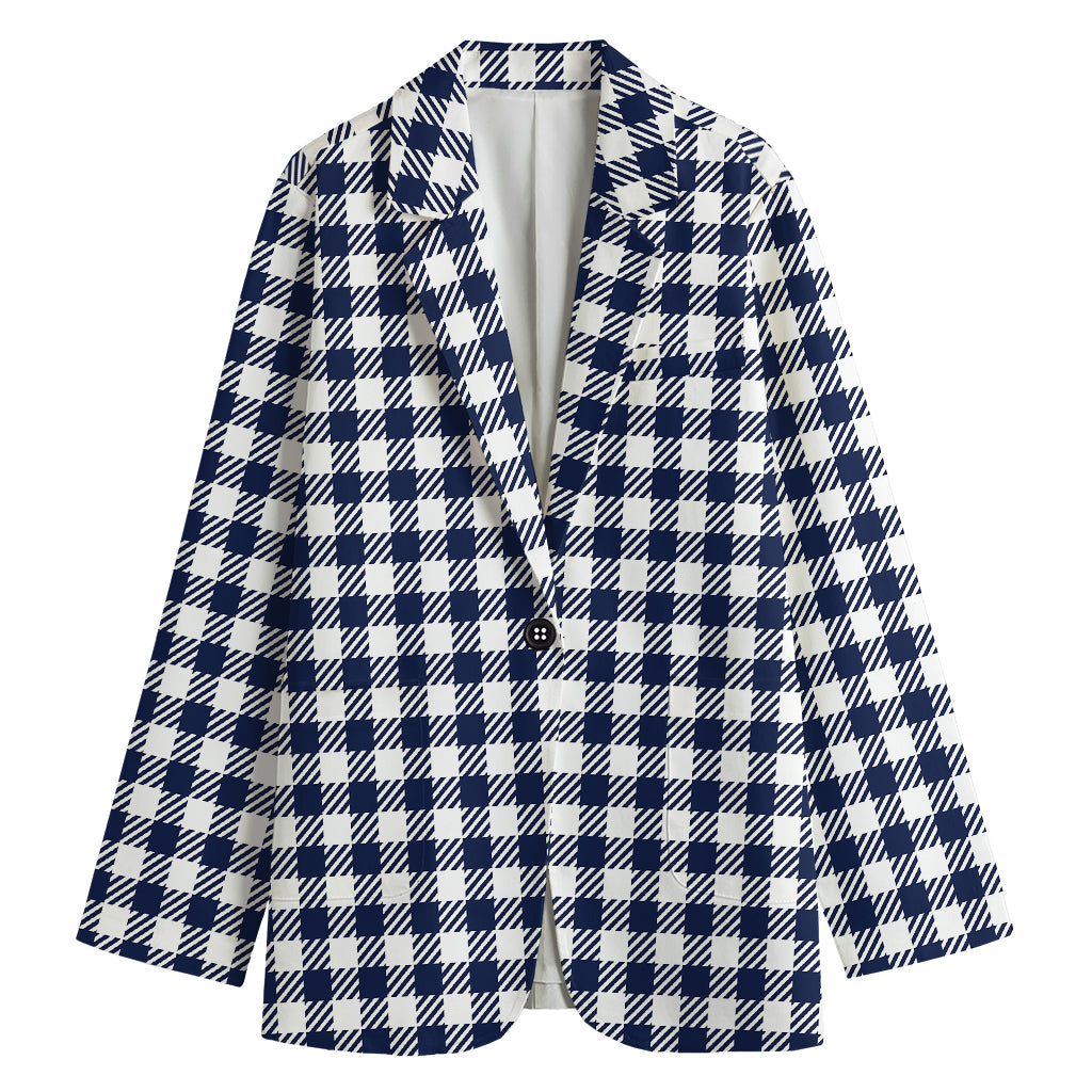 Navy And White Gingham Pattern Print Women's Cotton Blazer